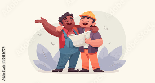 Construction Companionship: Two animated construction workers sharing a lighthearted moment, symbolizing teamwork and collaboration in the construction industry.