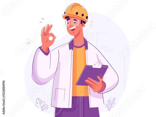 Construction Professional Approval: An illustration of a construction professional in hard hat and lab coat, holding a clipboard, signals 'OK' with a cheerful smile.