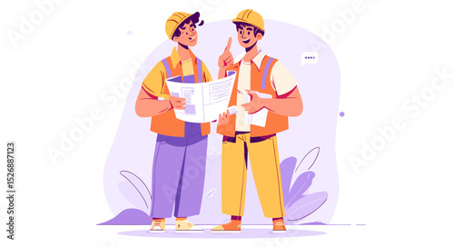 Construction Blueprint Discussion: Two construction workers are engaged in a collaborative dialogue, studying blueprints in a modern office environment.