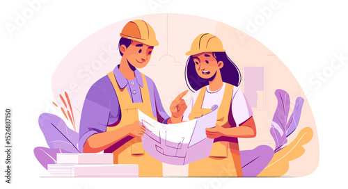 Construction Teamwork: Two architects reviewing blueprints together, showcasing collaboration and planning in the construction industry. 
