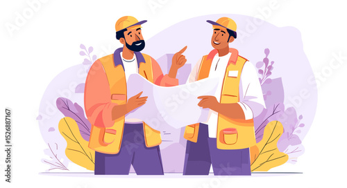 Construction Plan Discussion: Two construction workers are collaborating on a detailed blueprint. Their focused conversation is punctuated by gestures as they work together.
