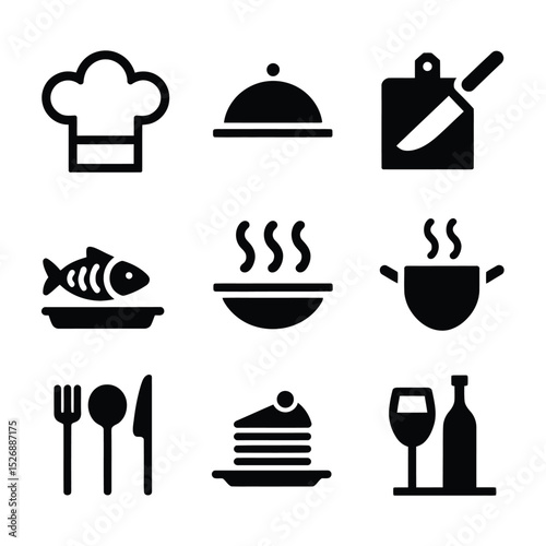 vector icons cooking food chef hat include a pizza slice, a sushi roll, spaghetti and meatballs, a curry bowl burger , fish 
