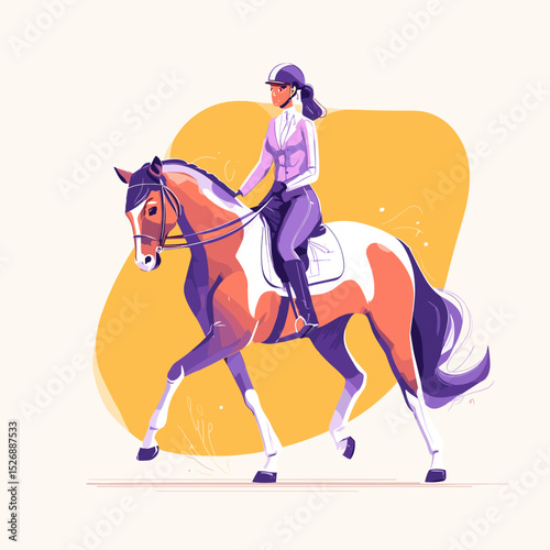 Equestrian elegance: A stylized illustration of a skilled equestrian riding a beautifully marked horse, exuding grace, and precision.