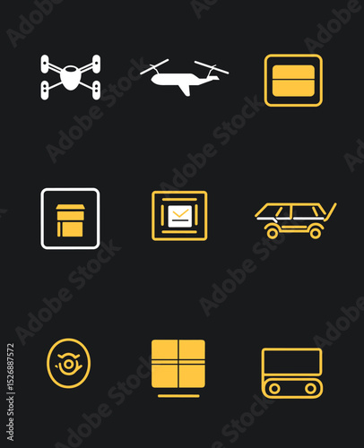 Future Logistics Icon Set: Futuristic vector icons depicting unmanned delivery systems, including drones and specialized vehicles, symbolizing innovation in modern logistics.