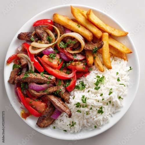 Peruvian lomo saltado is served with rice and french fries. Latin American food, cultural cuisine, meal, dinner, plate, traditional, tasty, delicious, meat, beef, stir fry