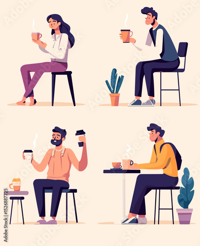 Coffee Breaks: Four individuals enjoying their coffee, each captured in a distinct moment of leisure. The scene is bathed in soft light and depicts a relaxed atmosphere, perfect for the daily routine.