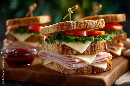 Delicious ham sandwiches with cheese, tomato, and lettuce on wooden board