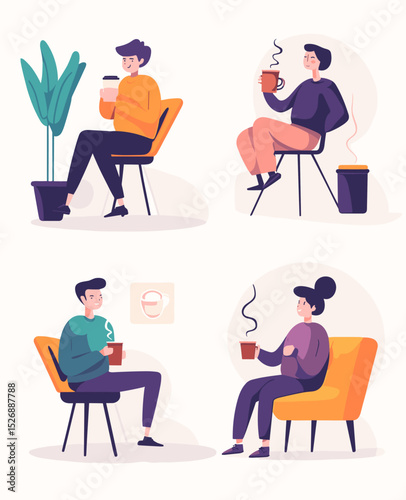 Cafe Moments: A collection of illustrations captures four diverse individuals enjoying moments of relaxation with a warm beverage, fostering a sense of comfort and contentment in a cafe setting.