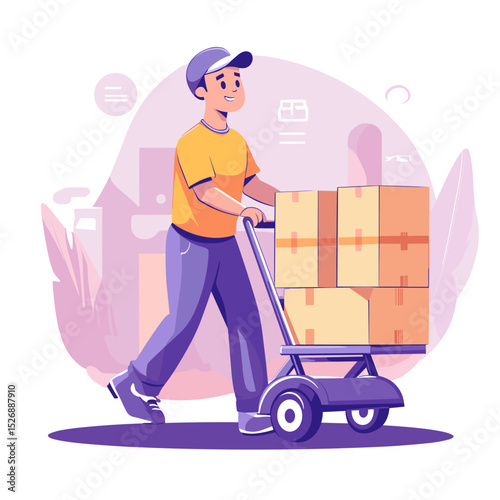 Delivery person with handcart: A delivery person pushes a handcart full of packages, delivering goods to customers.  
