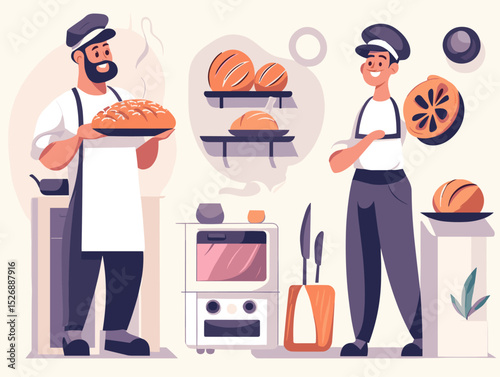 Bakery Joy: Two bakers, one presenting a warm loaf and the other slicing citrus, create a welcoming bakery scene with fresh baked goods and vibrant flavours.