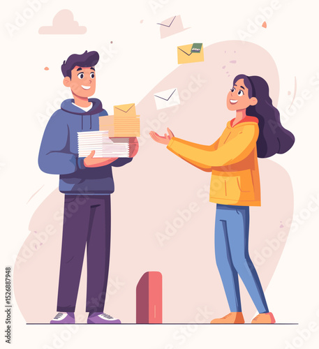Sharing Mail: A person hands over a stack of envelopes and letters to a woman, symbolizing the exchange of communication and the spread of information. Illustrated in a minimalist style.