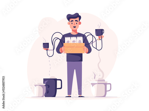 Multitasking Coffee Lover: A stylized illustration of a man effortlessly managing multiple coffee brewing methods and cups simultaneously.