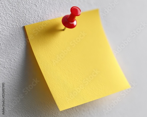 Yellow sticky note is pinned to a textured wall. Reminder, memo, message, notice, office supply, organization