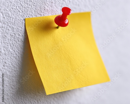 Yellow sticky note is pinned to a textured white wall. Reminder, office supplies, organization, planning, communication.