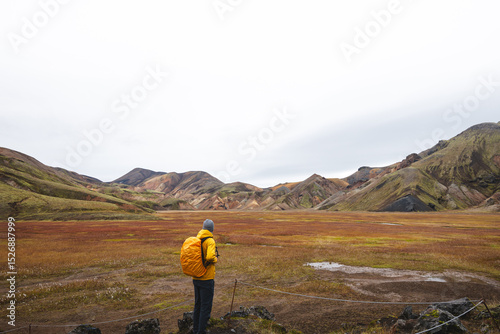 Traveler walks through a rugged lava field in the Icelandic Highlands, surrounded by mossy rocks and distant rhyolite peaks. A surreal journey through Iceland wild heart