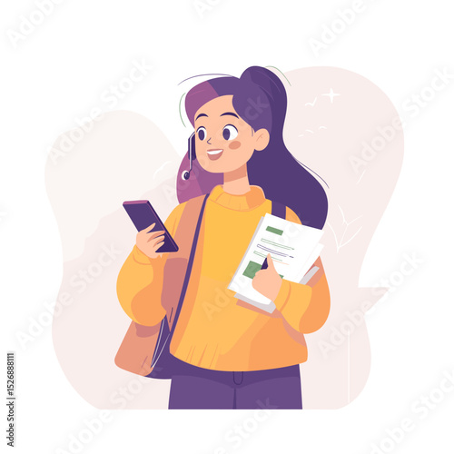 Student with Phone and Documents: Happy student girl using smartphone and holding documents,  ready for class.  Illustrative style.