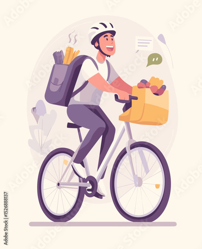 Bike Delivery Fresh Produce:A happy courier cycling with a bicycle laden with fresh produce, conveying a sense of healthy and convenience.