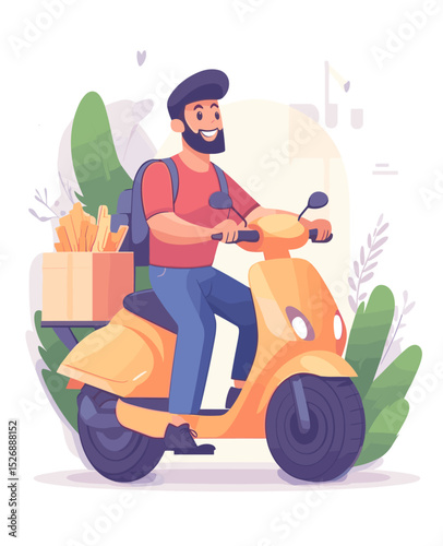 Speedy Food Delivery on Scooter: An animated illustration of a friendly rider swiftly transporting a delicious food order on a stylish scooter.