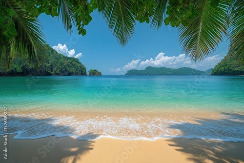 Tranquil tropical beach with crystal clear water and lush greenery on a sunny day