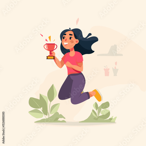 Triumphant Leap: A woman embodies success with a trophy in a colorful, inspiring illustration of achievement and personal triumph.