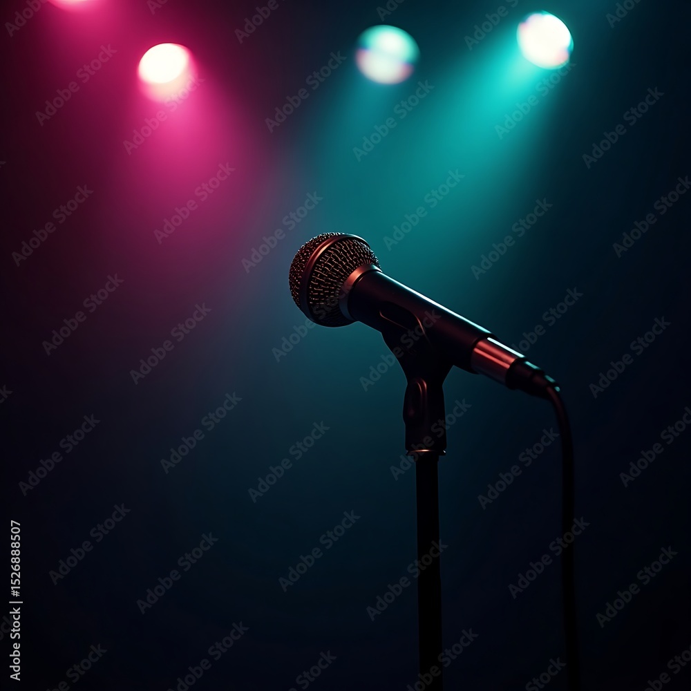 Obraz premium A vintage microphone stands in front of pink and blue neon lights