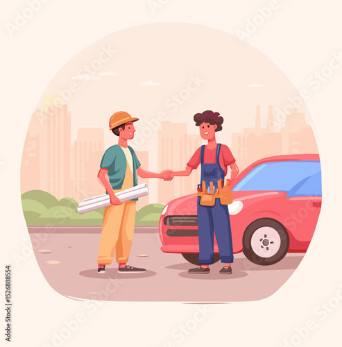 Service Agreement: Two men, a contractor and a repairman, shake hands in front of a car, illustrating agreement and service.