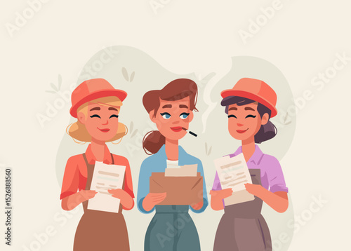 Three Professional Women in Discussion: A dynamic illustration depicts three determined women in a work environment, engaged in a thoughtful discussion. They're focused on papers.