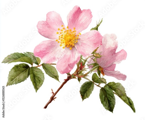 Watercolor Painting of Dog Rose Flowers on White Background - Delicate Pink Blooms with Yellow Centers and Green Leaves, Botanical Illustration