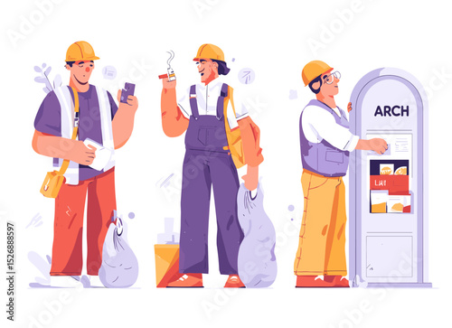 Construction Workers Set: A vibrant illustration showcasing a diverse team of construction workers in various poses, highlighting their roles and daily tasks on a construction site.