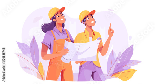 Architectural Blueprint Discussion: Two skilled female architects, adorned in hard hats, engage in an animated conversation while examining architectural plans. Capturing collaboration, innovation.