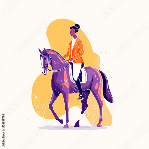 Equestrian Artistry: A vibrant illustration captures the grace of a rider astride a majestic horse, rendered in a flat, artistic style, evoking a sense of elegance and movement.