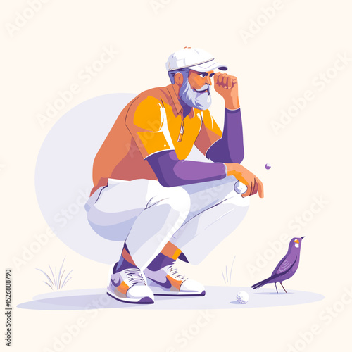 Contemplative Moment: A mature gentleman, deep in thought, takes a pause to consider a delicate bird. The scene is a blend of introspection and the beauty of nature.