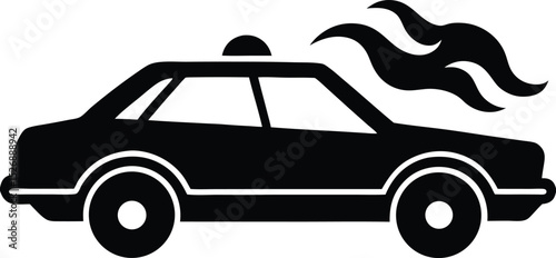 Black and White Illustration of a Burning Car with Flashing Police Light