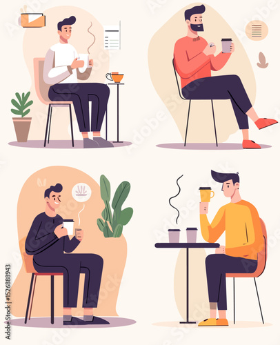 Coffee Break Collection: Four illustrations depicting men enjoying coffee breaks in various settings, showcasing relaxed and casual moments.