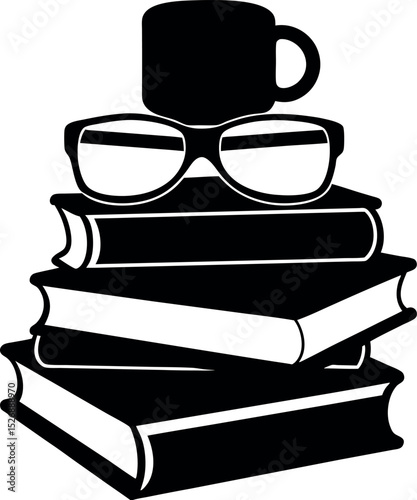 stack of books with glasses silhouette vector on a transparent background