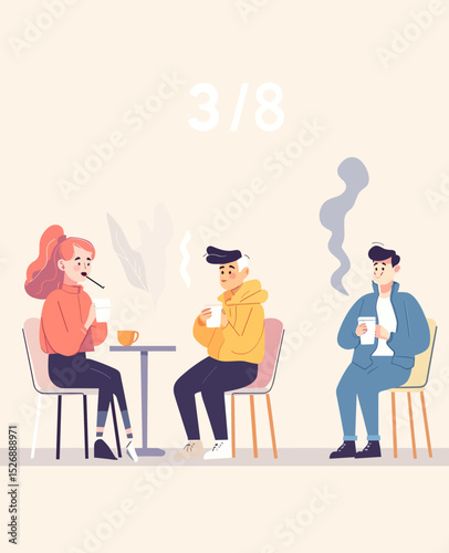 Three friends in cafe: Three young adults are sitting at a small table in a cafe, enjoying their drinks and conversation. The illustration style is cheerful and light-hearted. 