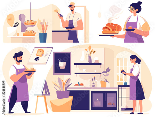 Artisan Bakery's Craft: Capturing a glimpse inside a cozy artisan bakery, where passionate bakers meticulously craft delectable breads and pastries, embracing the art of culinary creation. 