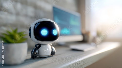 Small white robot sits on desk with blue eyes glowing. Futuristic tech, artificial intelligence, automation, ai companion.