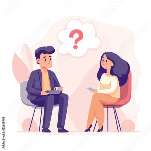 Counseling Session: A counseling scene unfolds between two individuals. A therapist sits with a client, and a thought bubble, which contains a question mark above their heads.