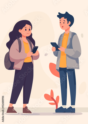 Digital Connection: Illustrated depiction of two individuals engrossed in their mobile devices, showcasing contemporary communication in a vibrant and inviting style.