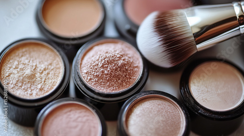 Makeup powders in jars with brush on white background  
