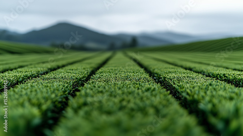 Lush green tea fields stretching across the landscape under cloudy skies  