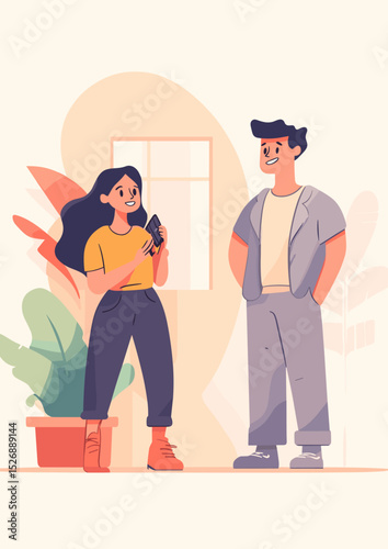 Communication And Connection: A charming illustration shows a man and woman, engaged in lively communication, exuding a sense of connection and shared experience. 