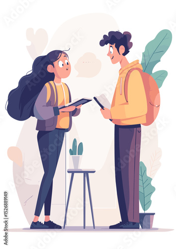 Student Discussion: Two students, a young man and a young woman, engage in a lively discussion, holding notebooks and tablets.  The scene is bright and cheerful.