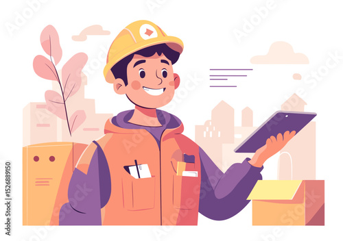 Construction Worker with Plan: A friendly construction worker in a safety vest, and a hard hat, holding a tablet plan in his hand, standing near open and closed boxes.