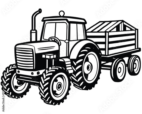 Powerful Farm Tractor with Attached Wooden Wagon Agricultural Machinery Illustration