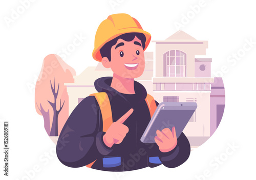Construction worker with tablet: A cheerful construction worker in a yellow helmet uses a tablet and points towards a building, showcasing expertise and modern technology in construction.