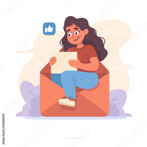 Digital Message Delivery: A smiling woman sits comfortably inside a large envelope holding a piece of paper, a "like" symbol floats above, signifying the excitement of digital correspondence. 