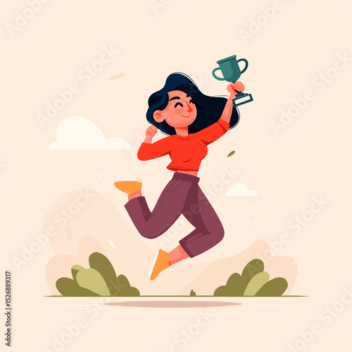 Triumphant Leap: A cheerful woman leaps for joy, clutching a trophy as she celebrates a significant achievement, embodying victory.