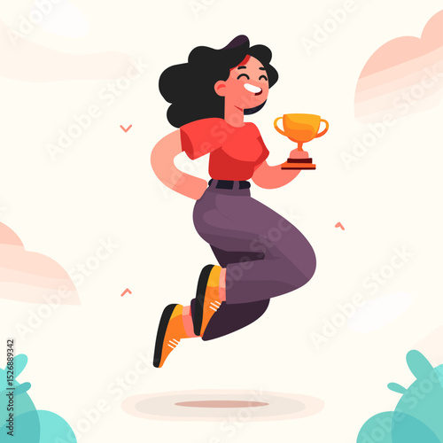 Triumph and Joy: A woman is captured in a moment of elation, leaping with a golden trophy in her hand, a testament to victory.